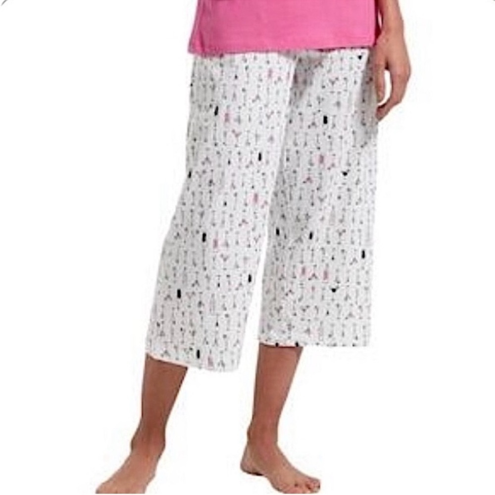 HUE Cropped Pajama Bottoms 100% Cotton Lounge Pants Pink White Size S